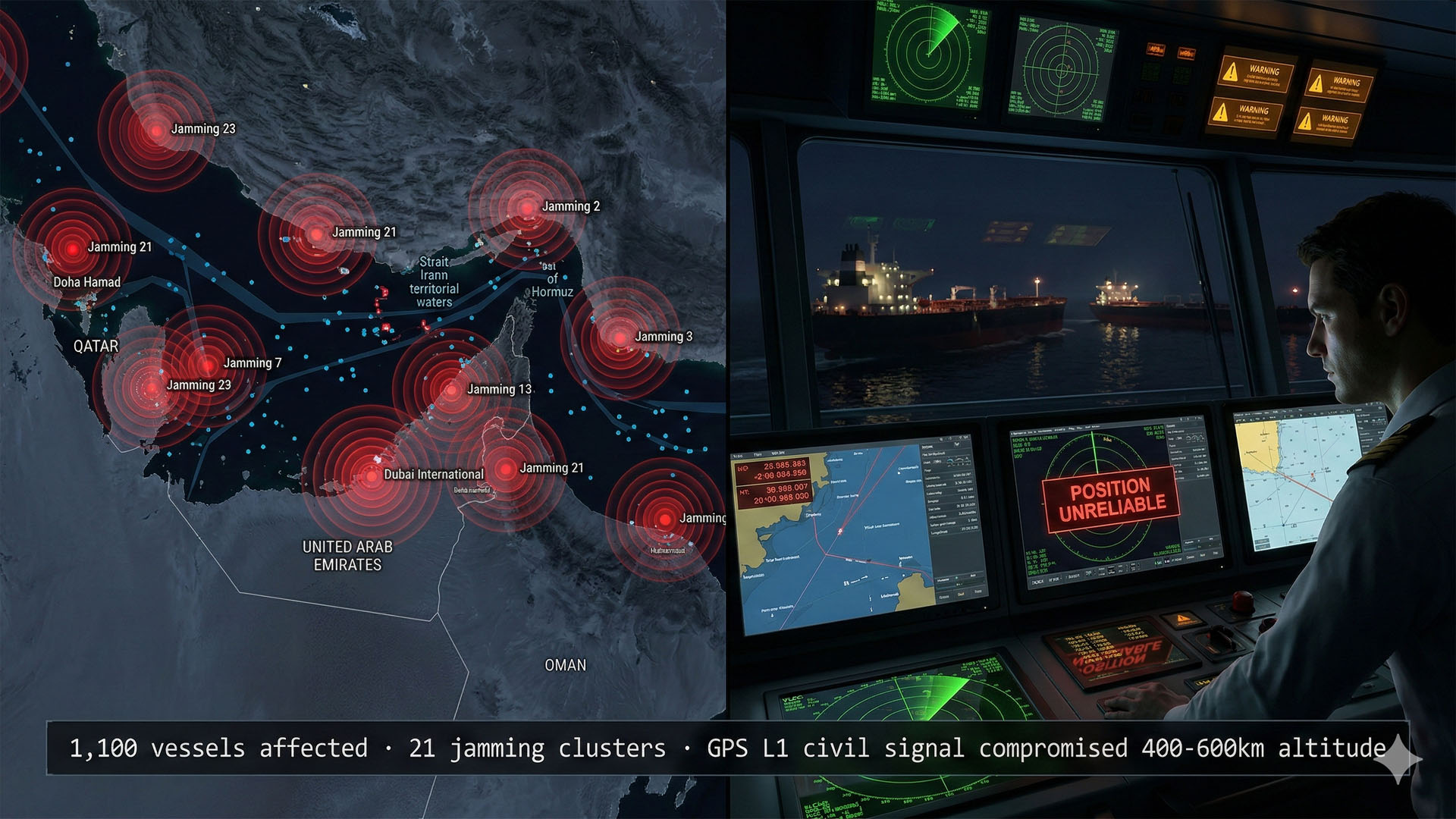 GPS jamming map in the Persian Gulf — 28 February 2026