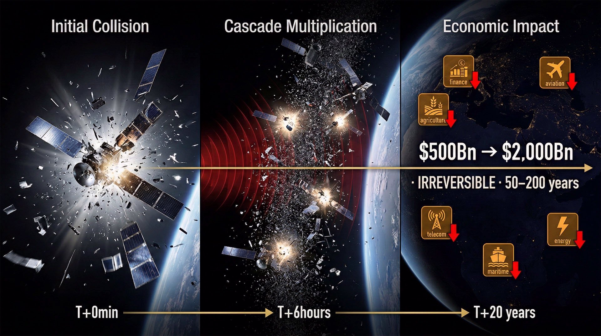 Cascade Kessler et impact économique mondial — infographie