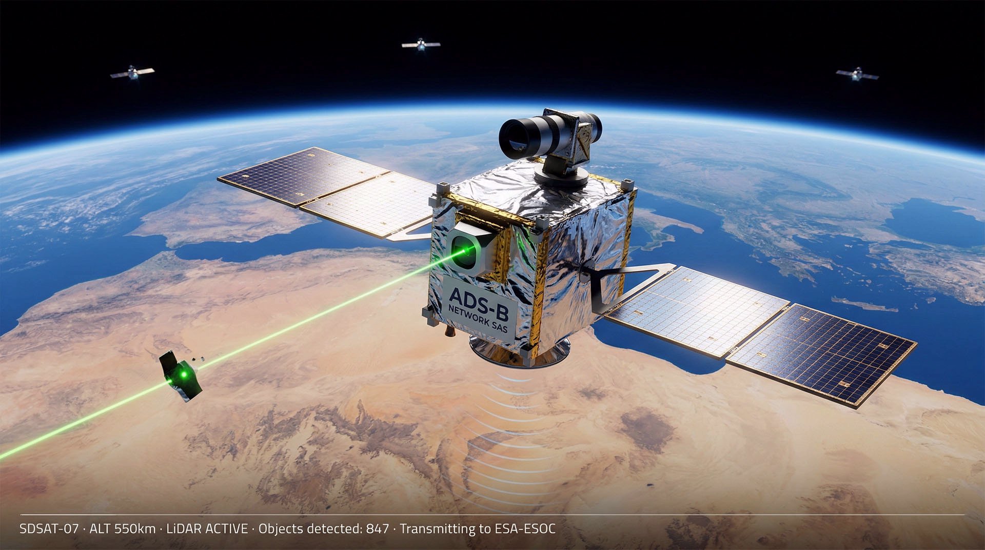 SDSAT satellite in LEO orbit — artistic render SPACE-ADS-B constellation