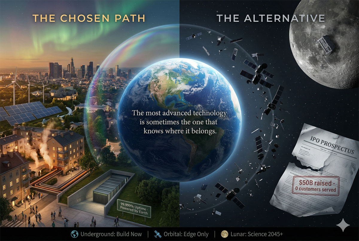 Split view: thriving underground datacenter vs desolate orbital graveyard, Earth magnetosphere visible