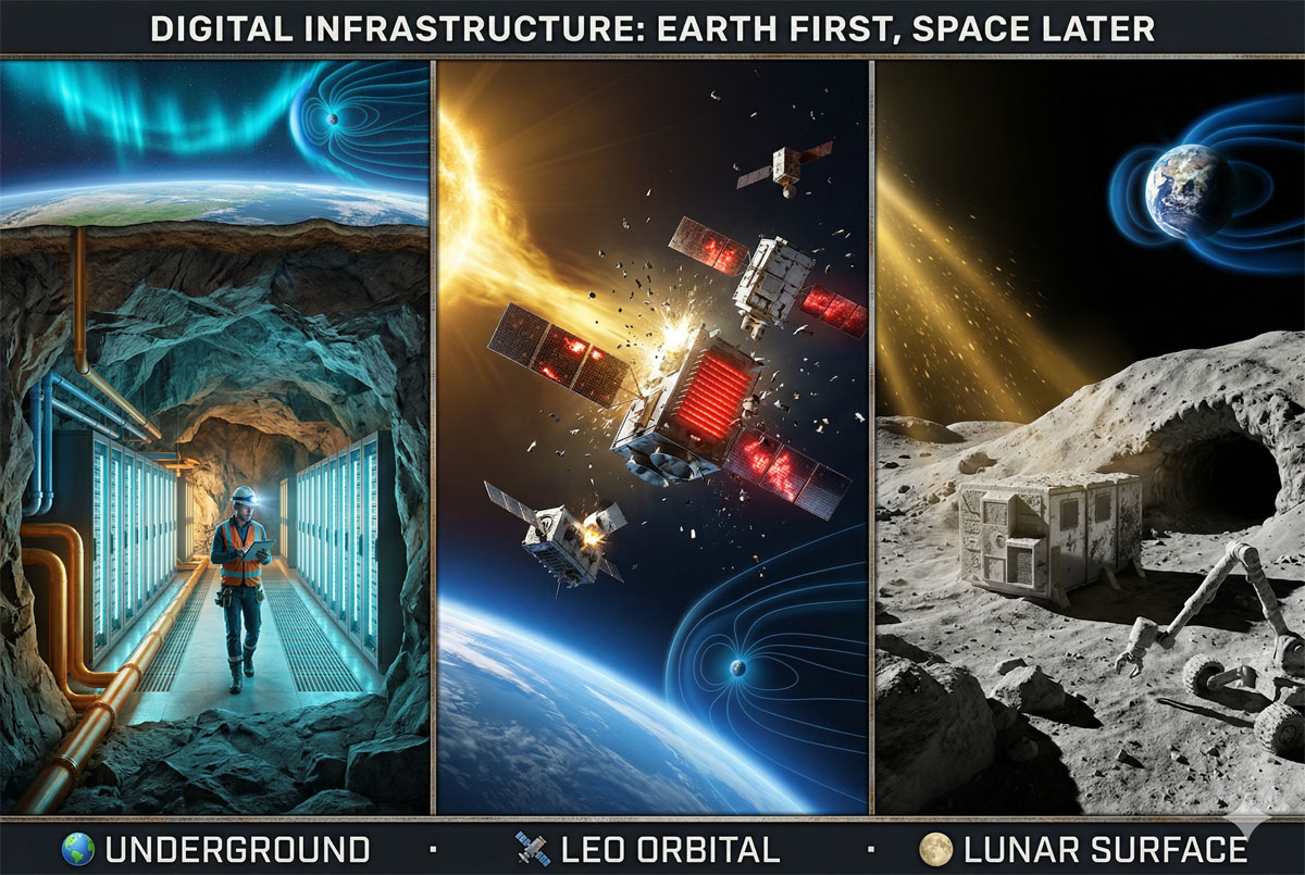 Digital infrastructure comparison: underground datacenter vs orbital satellite vs lunar surface