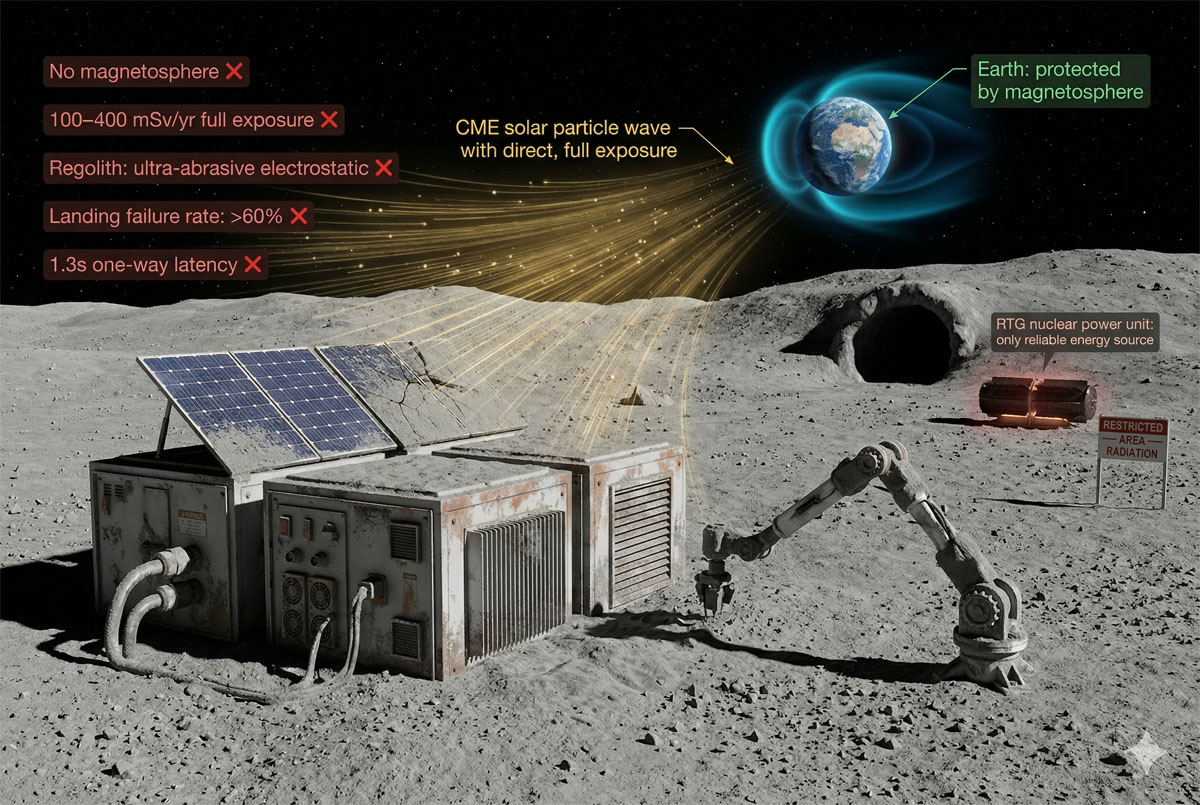 Moon surface with datacenter modules, lunar dust storm, absence of magnetic field shown by undeflected solar particles