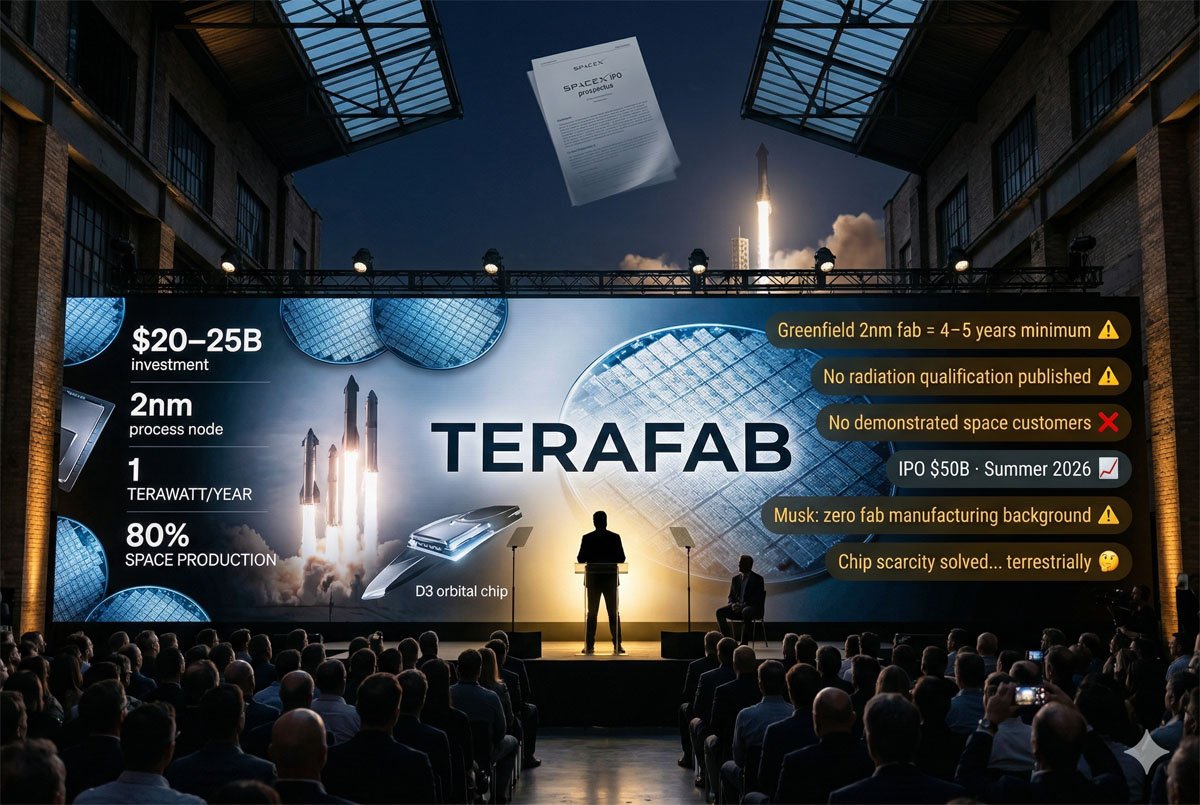 TERAfab chip factory announcement Austin Texas with Starship rockets and orbital datacenter satellites in background