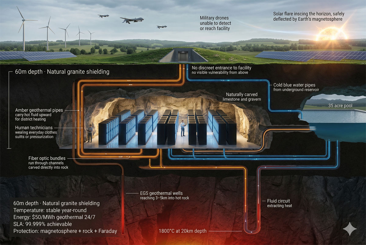 Underground datacenter carved into granite rock with geothermal pipes and server racks glowing blue